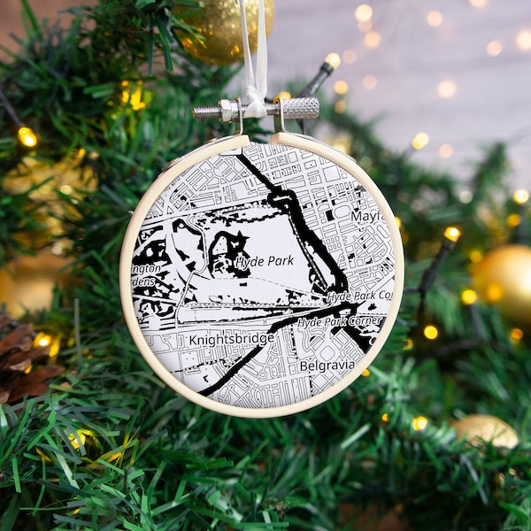 Map Christmas tree bauble decoration with special location in black and white. Hanging Xmas ornament dec embroidery hoop