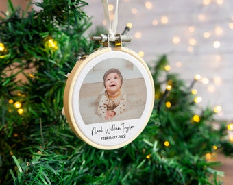 Baby's first Christmas photo bauble decoration. New child's 1st xmas hanging dec embroidery hoop with custom photograph printed grandparent