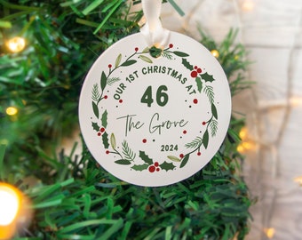 New Home Christmas Bauble, Personalised Hanging Ornament (Custom Text)