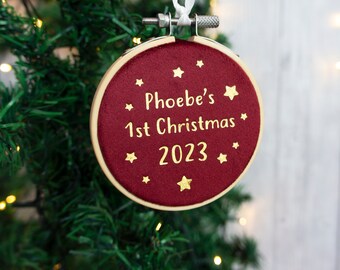 Baby's first Christmas bauble tree decoration. New child's 1st xmas velvet hanging embroidery hoop ornament for new parent gift