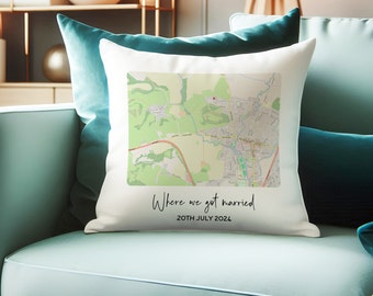 Special location map cushion for 2nd anniversary cotton gift for husband or wife. Wedding ceremony map gift for Mr & Mrs