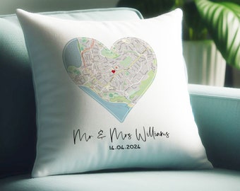 Map cushion gift for couples wedding and engagement gift. 2nd anniversary cotton gift for second Area map of venue for Mr and Mrs newly wed
