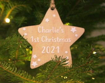 Personalised 1st christmas star tree decorations 2021, hanging wooden star xmas dec, babys first christmas bauble holiday ornaments