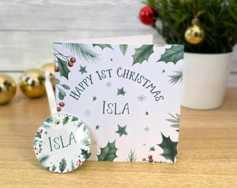 Baby's first Christmas card with tree ornament hanging decoration. Child's 1st xmas bauble with greetings card personalised with name