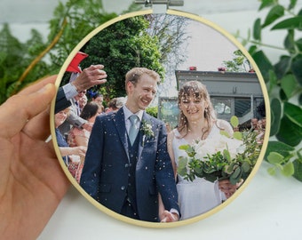 Photo embroidery hoop with custom photograph. 2nd Cotton wedding anniversary gift for him her husband wife hanging print picture