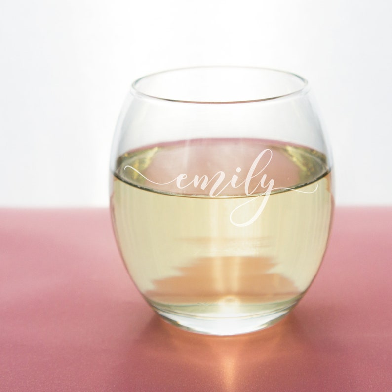 Custom Wine Glass engraved with name in script text. Personalised stemless wine glasses. Birthday day gift for her. unique gifts for women image 2
