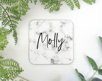 Personalised marble coaster with name. Drinks mat gift for him or her new home with marble effect printed. Thank you teacher leaving gift