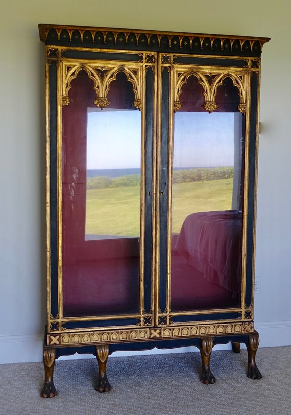 Sale Antique English Ebonized Gothic Display Cabinet With Etsy
