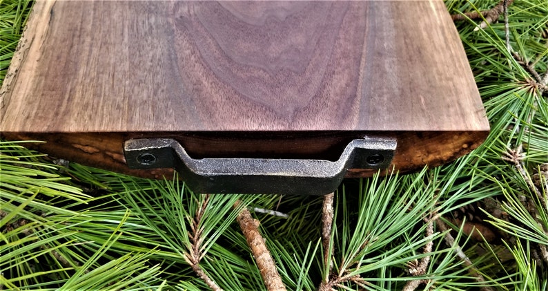 Cheese Board Butcher Block Rustic Kitchen Decor 17.5 Solid Black Walnut Live Edge Wood Cutting BoardCharcuterie Board with Iron Handles