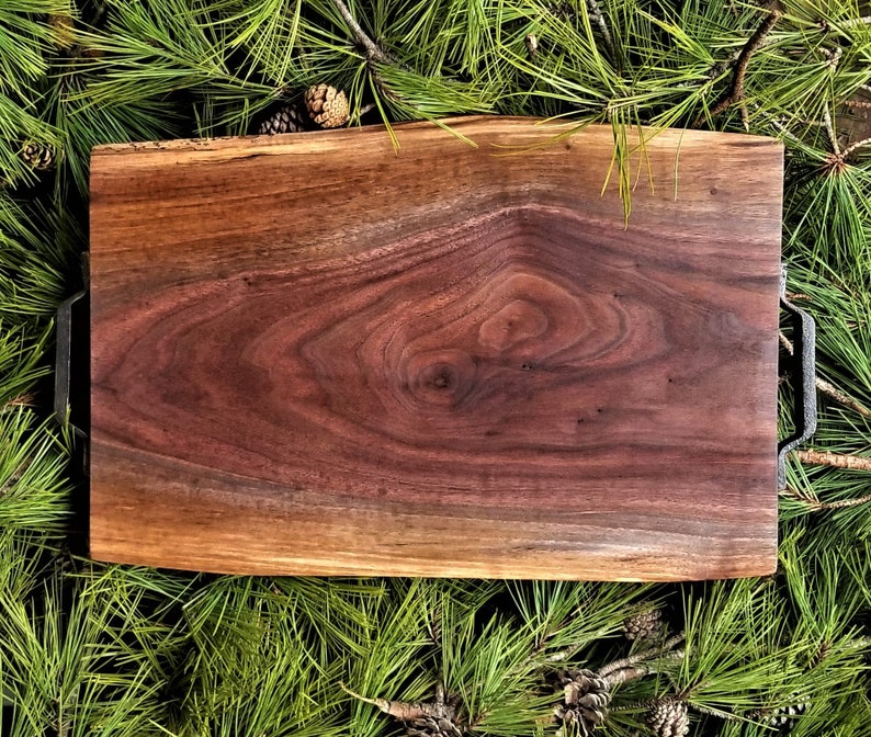 Cheese Board Butcher Block Rustic Kitchen Decor 17.5 Solid Black Walnut Live Edge Wood Cutting BoardCharcuterie Board with Iron Handles