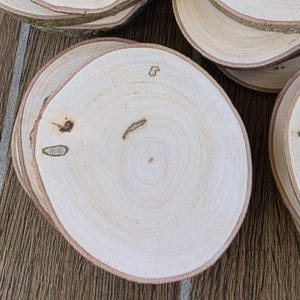 May include: A stack of natural wood coasters with visible growth rings and bark edges. The light-colored wood has small knots and imperfections. These rustic coasters are perfect for adding a touch of nature to any home decor.