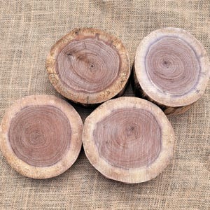 May include: Four round wooden coasters with a natural, rustic appearance. Each coaster is a cross-section of a tree trunk, showcasing the wood's grain and color variations, ranging from light brown to dark brown.