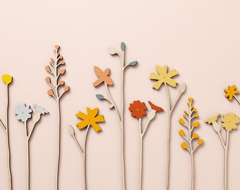 Tallos de flores de madera grandes individuales - Flores de prado de madera - Flores cortadas con láser