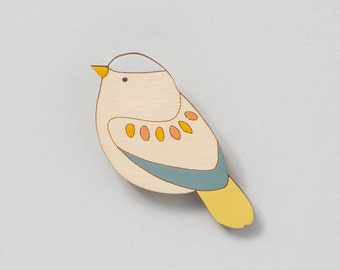 Wooden bird brooch - Garden Warbler - Wooden Bird Pin - Mother's Day gift