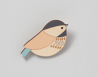 Wooden Bird Brooch - Wooden Bird Pin - Bird Brooch - Coaltit