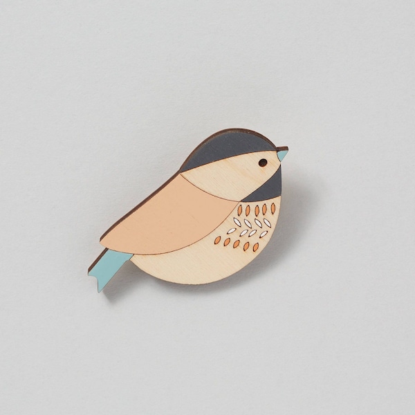Wooden Coaltit Bird Brooch: Hand-Finished Birch Plywood Pin