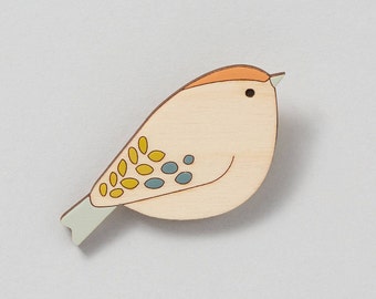 Wooden Bird Brooch - Goldcrest Bird Brooch - Wooden Bird Pin