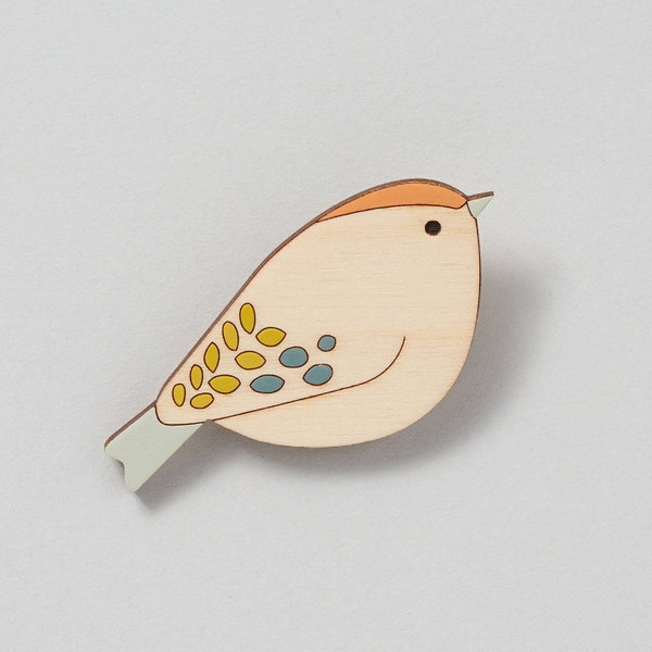 Wooden Bird Brooch - Goldcrest Bird Brooch - Wooden Bird Pin