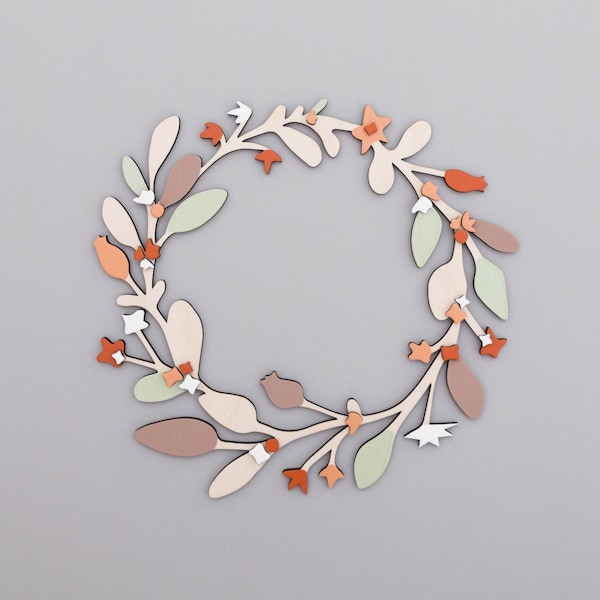 Drewniany, malowany ręcznie wianek zimowy: świąteczna dekoracja kwiatowa (30 cm)