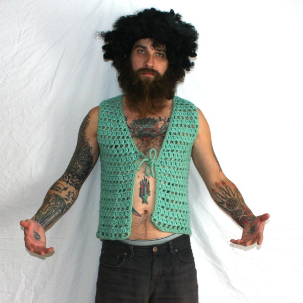 Handmade Mint Seafoam Green Crochet Vest. Minimalist Sleeveless Fashion. Hipster Hippie Boho Fashion. Retro Womens Sweater Vest