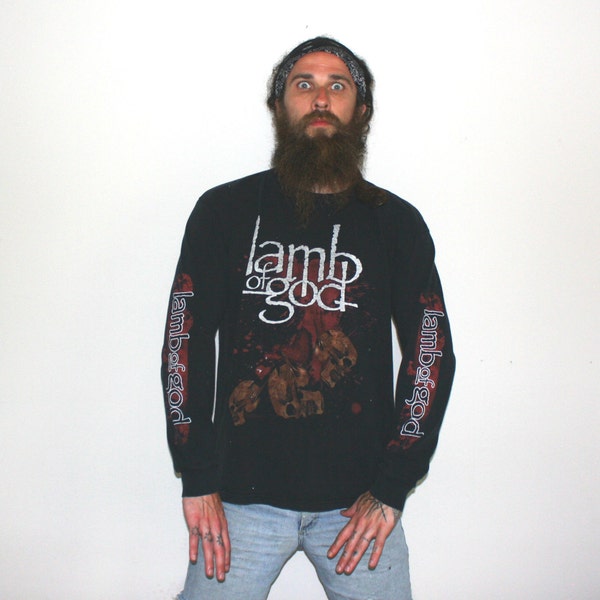 Lamb Of God Rare Long Sleeve Original Heavy Metal Shirt. Blood Splattered Skull Black Metal T Shirt. Death Metal Rare T Shirt.