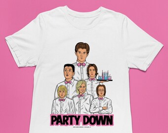 Camiseta Party Down / Blanca o Gris Brezo / TV, Película, Comedia, Divertida, Camiseta, Adam Scott, Jane Lynch, Ilustración Vintage Retro Comic