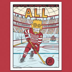 May include: A concert poster for ALL at Saint Andrews Hall in Detroit on August 9th, 2026. The illustration features a yellow cartoon character in a red and white striped hockey uniform skating on ice, holding a hockey stick and a bomb-shaped puck.