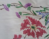 Vintage Tablecloth Hand Embroidered 100 Cotton Floral Print Red Blue Green Square Table Linen 1950 39 s Kitchen Decor Farmhouse Kitchen Linens
