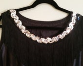 Vintage Costume Woman 39 s Roaring 20 39 s Flapper Dress Dressmaker Made Dance Costume Black Satin with Long Black Fringe Silver Trim Sz M L