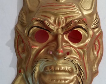 vintage halloween mask golden devil molded plastic mask nos made in usa 1970s halloween costume golden devil mask halloween decor
