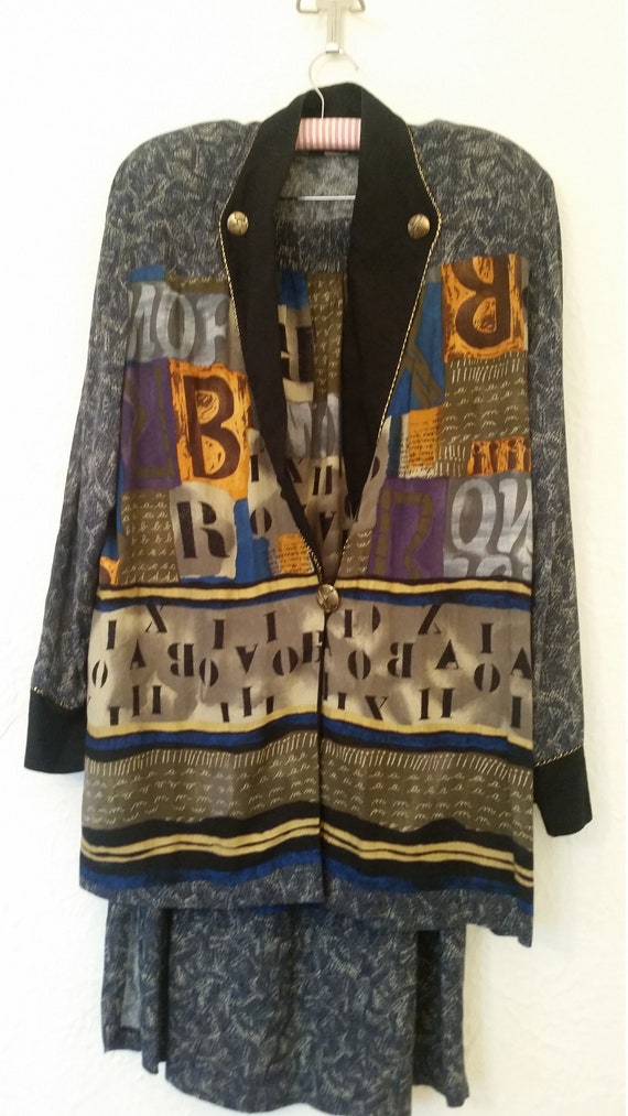 Vtg Suit 2 Pc Skirt Outfit Oversize Blouson Jacket