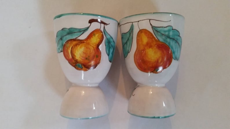 Vintage Egg Cups Rustic Italian Ceramic Egg Holders Pear Design Set of 2 Ceramic Pottery Made In Italy 1980/'s