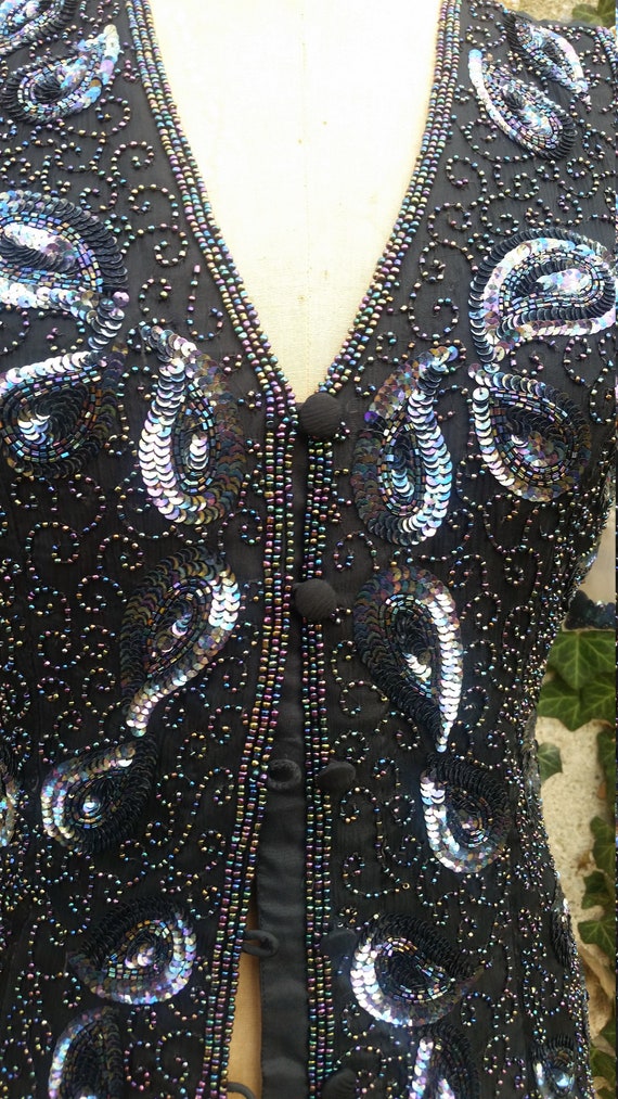 Vintage 80/'s Sequin Black Silk Vest MediumLarge