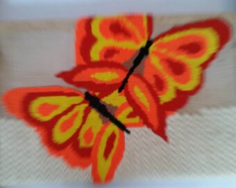 Vintage Needlepoint Butterfly on working Frame 1970's Mod Unfinished work in Progress Bargello Needlepoint Decorative 70s Textile