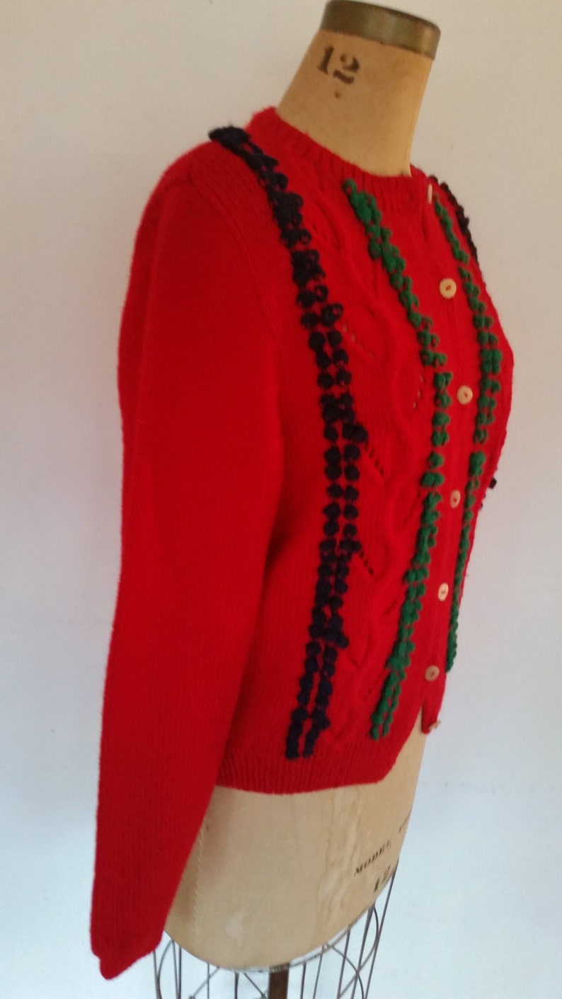 Vintage Hand Knit Cardigan Sweater 100 Red Wool Cable Knit Etsy
