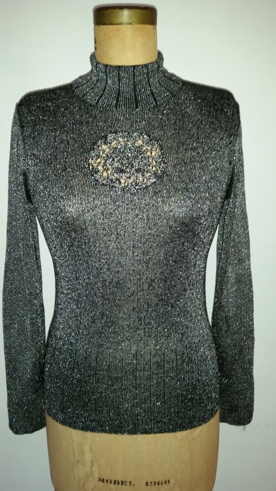 Mod Sweater Vintage Navy Lurex Sparkly Turtleneck Sheer | Etsy