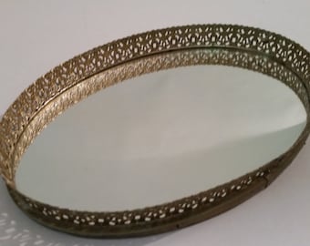 Hollywood Regency Mirror Vintage Ornate Gold Vanity Tray Mirrored Dresser Tray 1970's Bathroom Decor