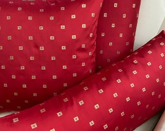 Red Faux Silk Throw Pillow Cover with Gold Square Boxes (18x18) with invisible zipper closure