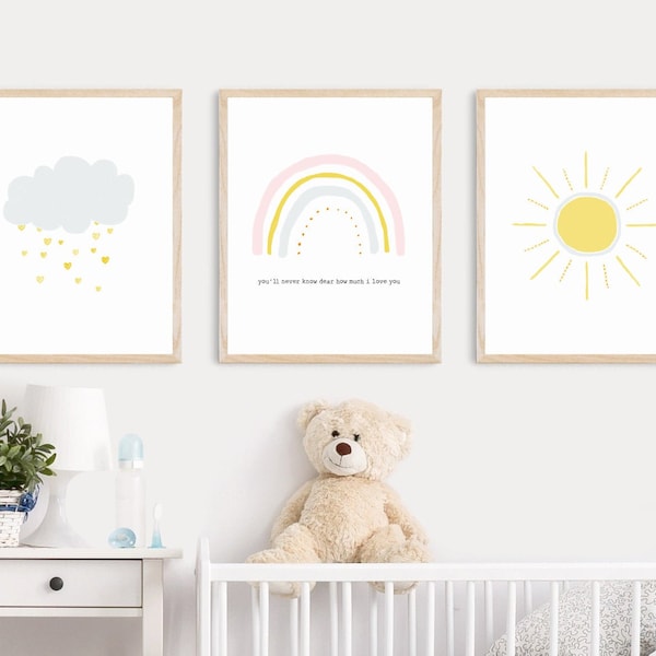 Rainbow Print Set, Sun Rainbow Cloud, Rainbow Nursery Art, Girl Nursery Decor, Set of 3 Girl Nursery Wall Art Prints