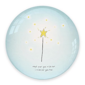 May include: A round, light blue decorative plate with a whimsical design. A yellow star on a black wand is surrounded by smaller yellow stars. The text "what ever you wish for i wish for you too" is at the bottom.