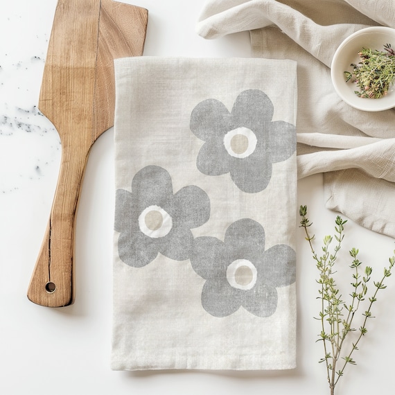 Floral Cotton Tea Towel: Whimsical Gray Flowers Neutral Kitchen Decor