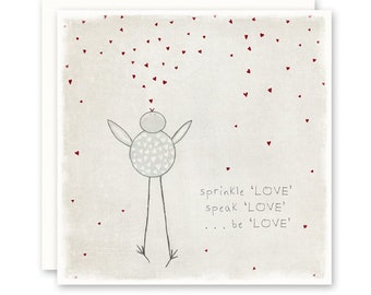 SPRINKLE LOVE Cute Bird Illustration Print - Greeting Card - Red Hearts - Card Print - Blank Inside - Archival Paper