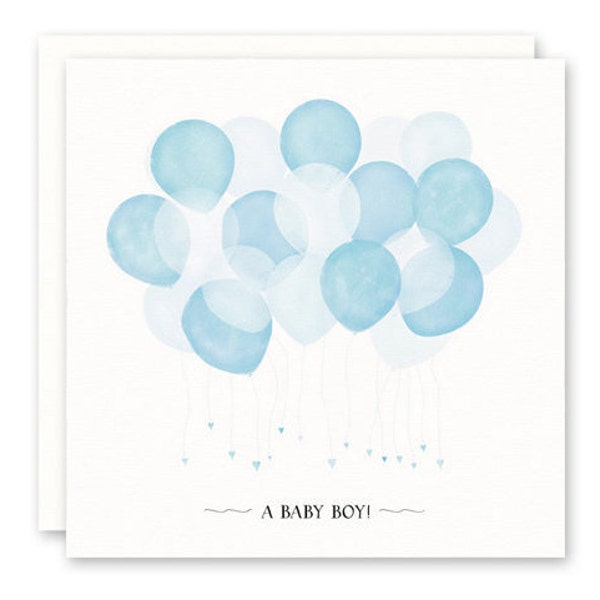 NEW BABY BOY Card, Blue Balloons, Square, High Quality Fine Art Paper and Envelope, Blank Inside