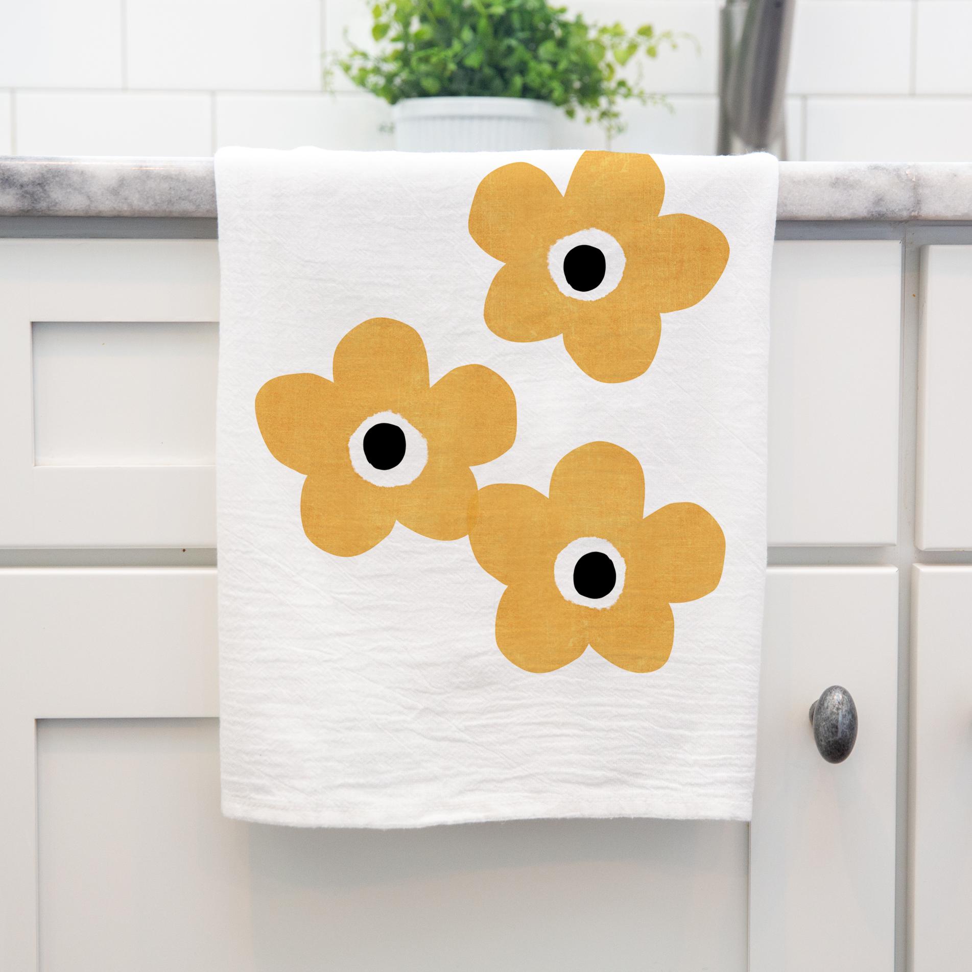 Floral Tea Towel - Rustic Orange Flowers Decorative Cotton Kitchen