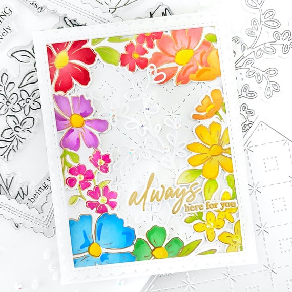 Pinkfresh Studio Clear Stamp Set 4 inch X6 inch Happy Blooms Floral