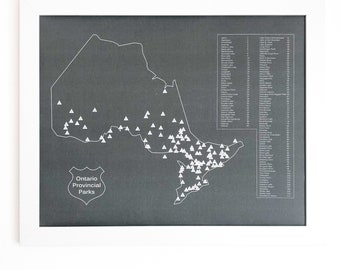 Ontario Parks Map and Pins | map for pins, printed on fabric and framed