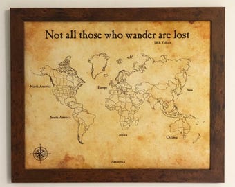 Not All Those Who Wander Are Lost Antique Look World Push Pin Map