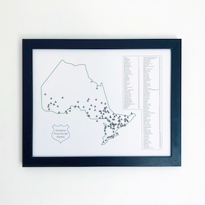 Cartes des parcs provinciaux de l'Ontario prêtes à être expédiées dans des cadres noirs | carte à épingles, imprimée sur du tissu et encadrée