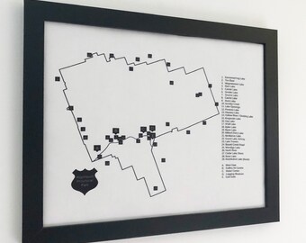 Algonquin Park Map for Pins, printed on fabric and framed