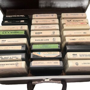 LOT OF 24 Vintage 8 Track Tapes in a carrying Case ABBA The Eagles Live Queen